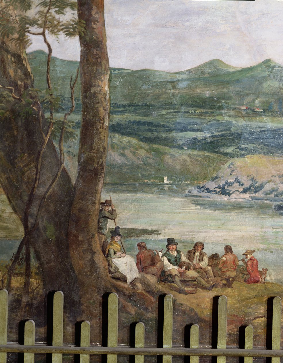 Falfestmény a Drakelowe Hallból, Burton on Trent közelében. Pihenő parasztok alkotó: Paul Sandby