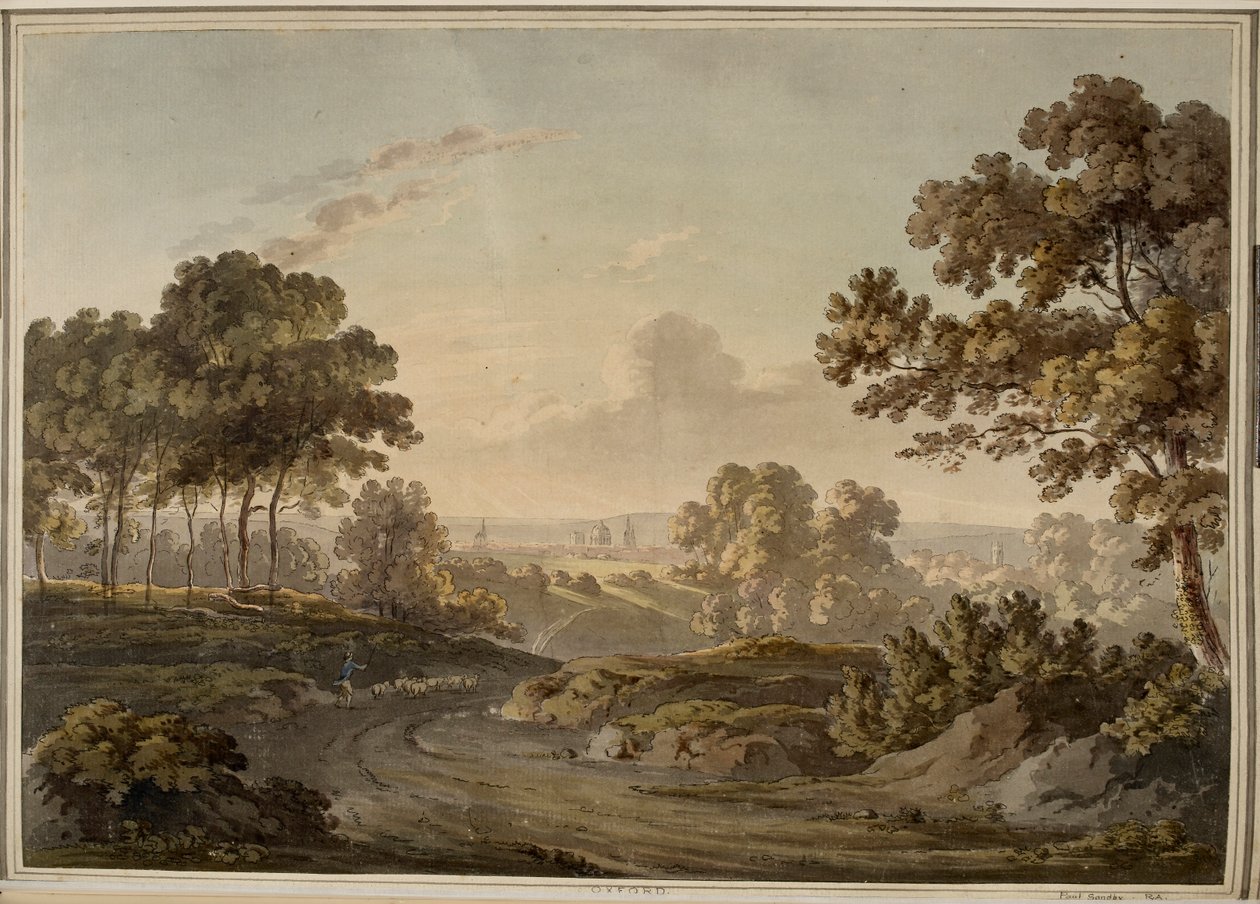 Oxford [grafika]. Pásztor juhokat terel az Oxford felé vezető úton, amely a naplemente ragyogásával megvilágított horizonton látható. alkotó: Paul Sandby