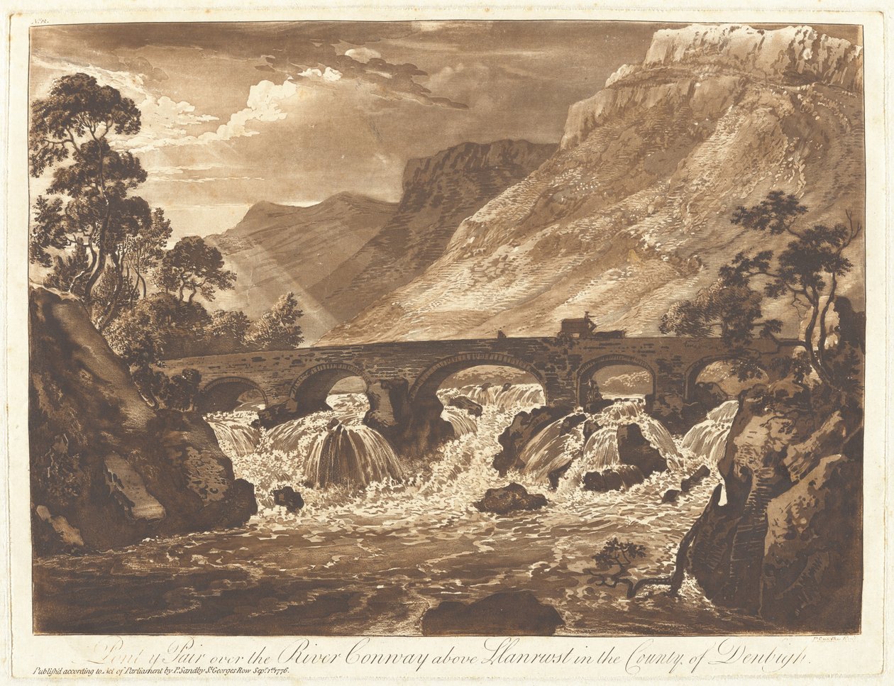 Pont-y-Pair a Conway folyó felett, Llanrwst felett, Denbigh megyében alkotó: Paul Sandby