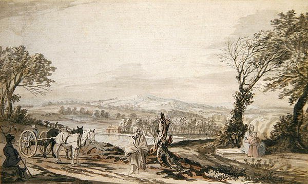 Utazók, akik egy út mellett pihennek egy folyóvölgy felett (ceruza, toll és tinta, tusmosás és akvarell papíron) alkotó: Paul Sandby