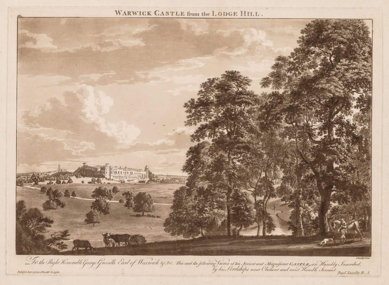 Kilátás a Warwick-kastélyra: Warwick-kastély a Lodge Hillről alkotó: Paul Sandby