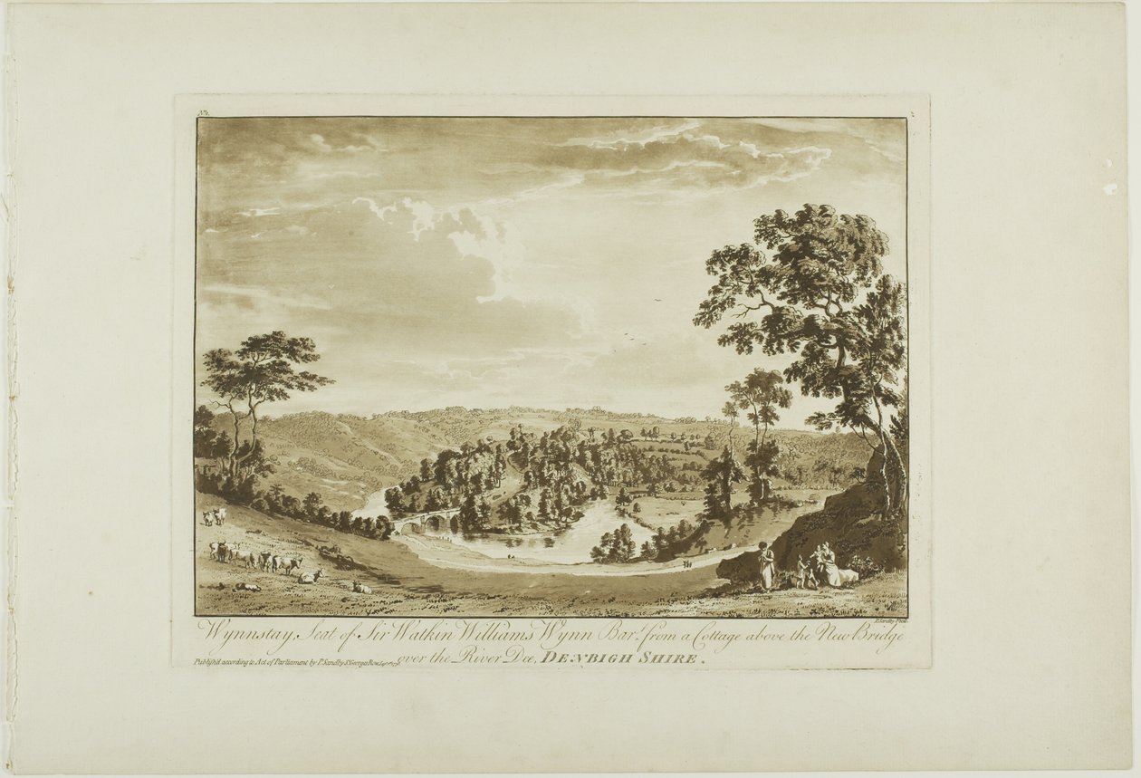 Wynnstay, Sir Watkin Williams székhelye Wynn Bart egy kunyhóból a Dee folyón átívelő Új híd felett, Denbigh Shire alkotó: Paul Sandby