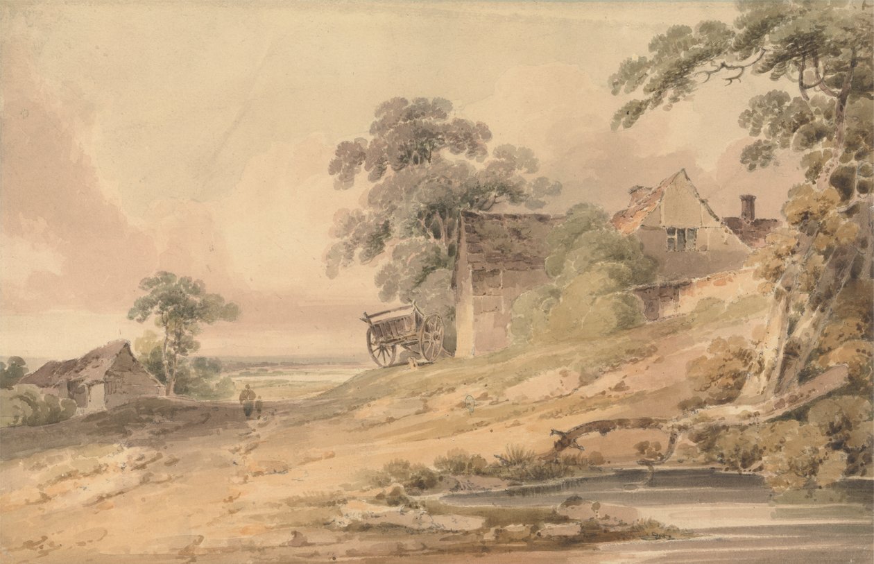Táj parasztházzal, figurákkal és tóval alkotó: Paul Sandby Munn