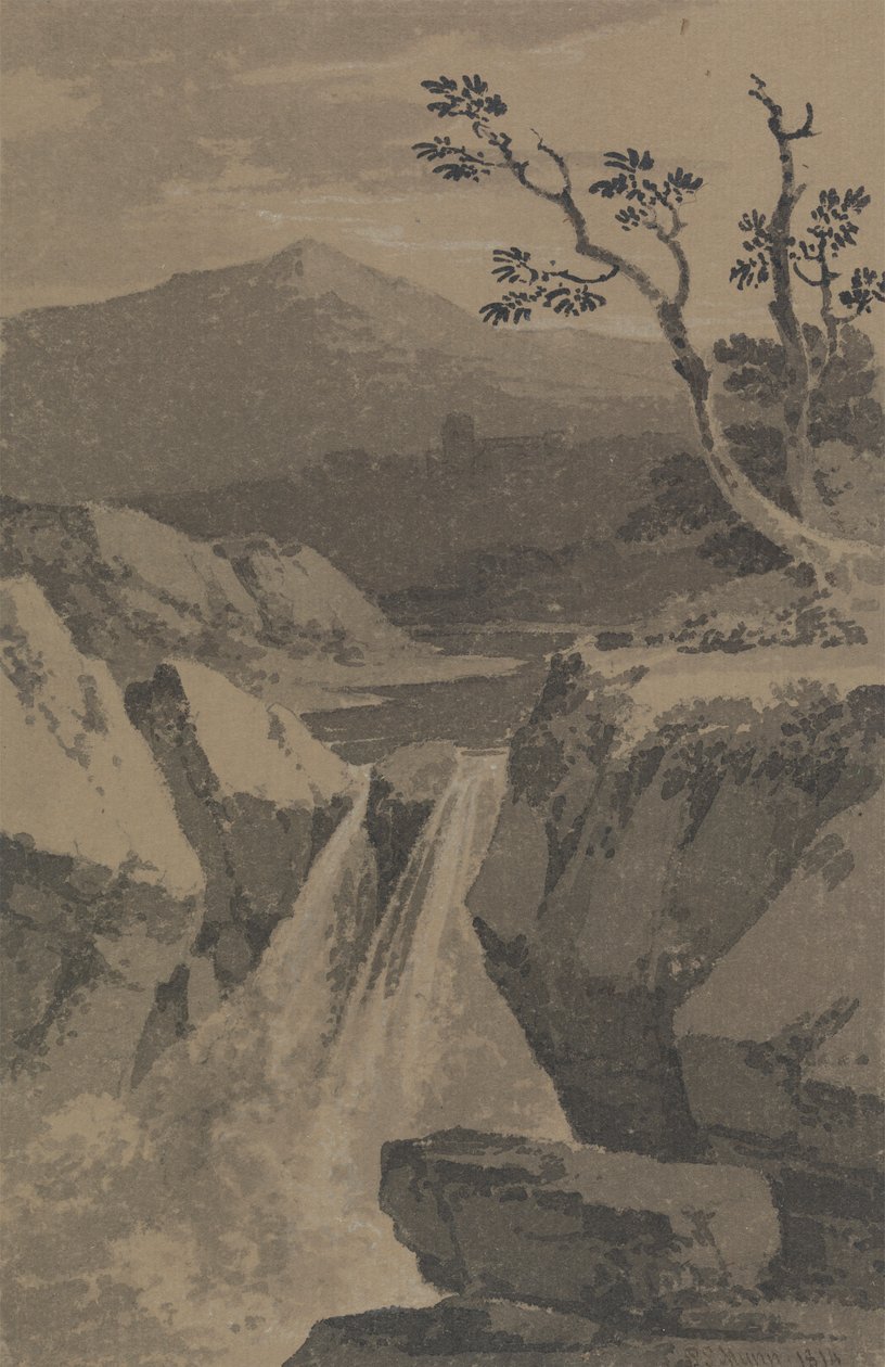 Vízesés és távoli hegyek alkotó: Paul Sandby Munn