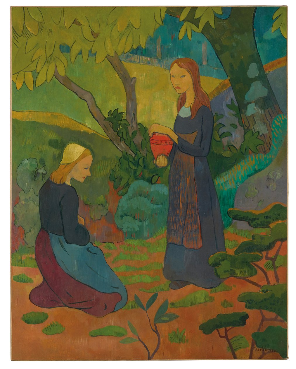 Fiatal breton lány rózsaszín edényben és térdelő kislány alkotó: Paul Sérusier