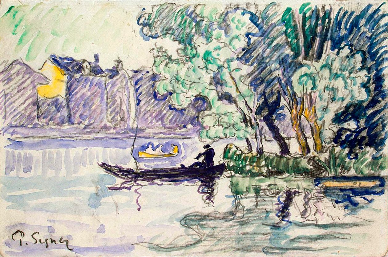 Halász egy csónakban a Szajna partja közelében, c1900 alkotó: Paul Signac