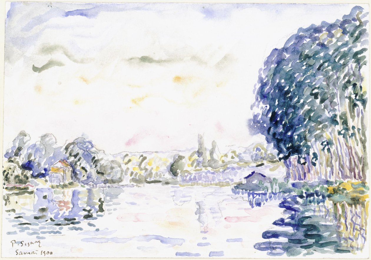 Folyóparti táj házikóval és fákkal alkotó: Paul Signac