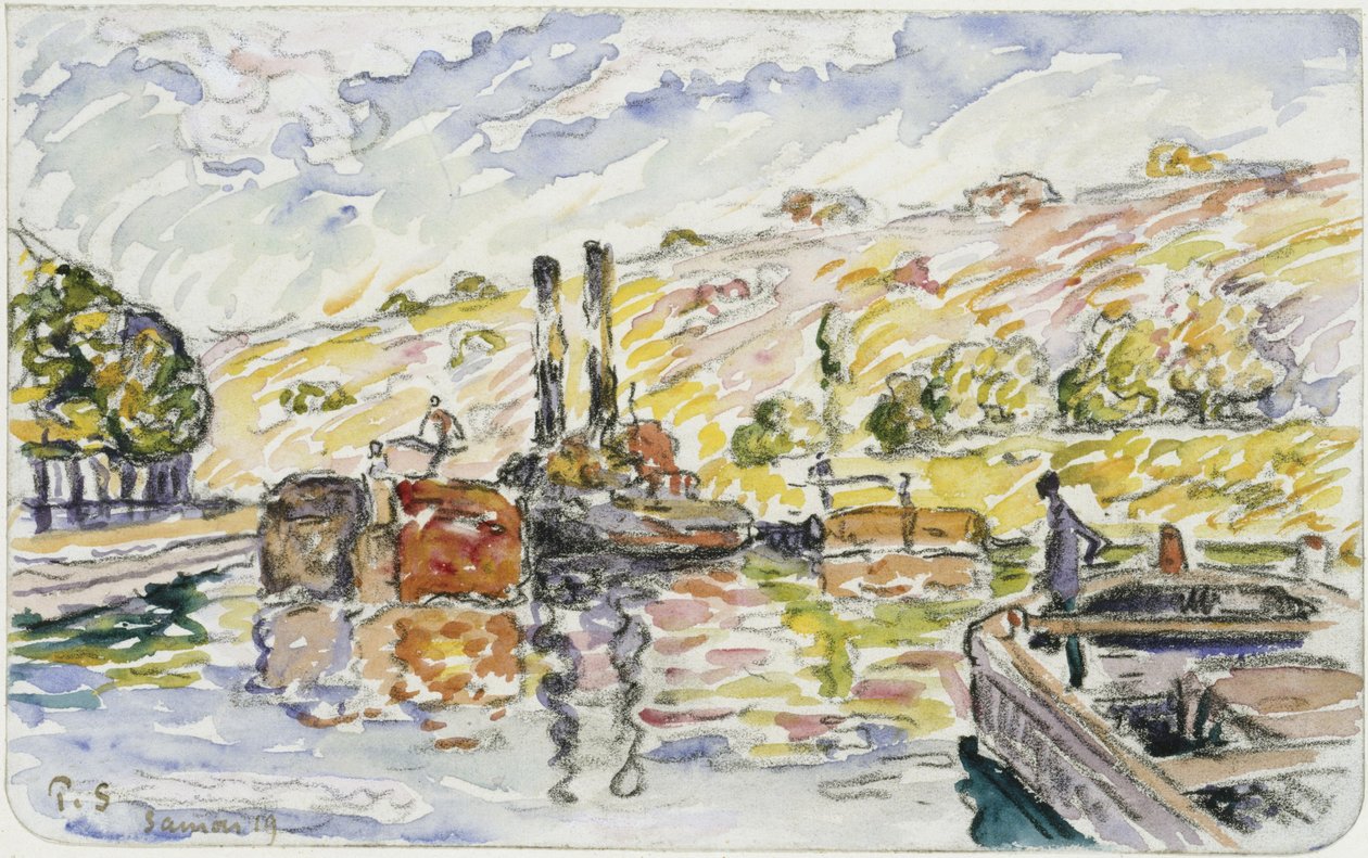 Folyami táj vontatóhajókkal és uszályokkal alkotó: Paul Signac