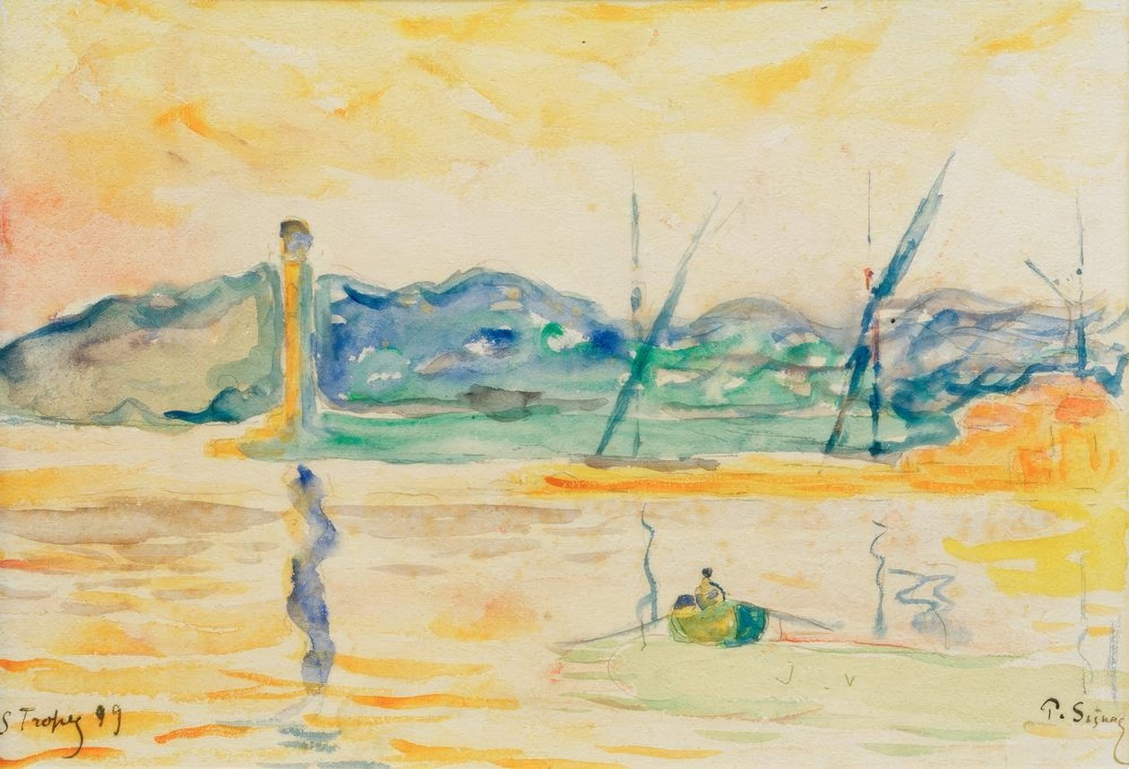 Saint-Tropez kikötőjének bejárata naplementekor alkotó: Paul Signac