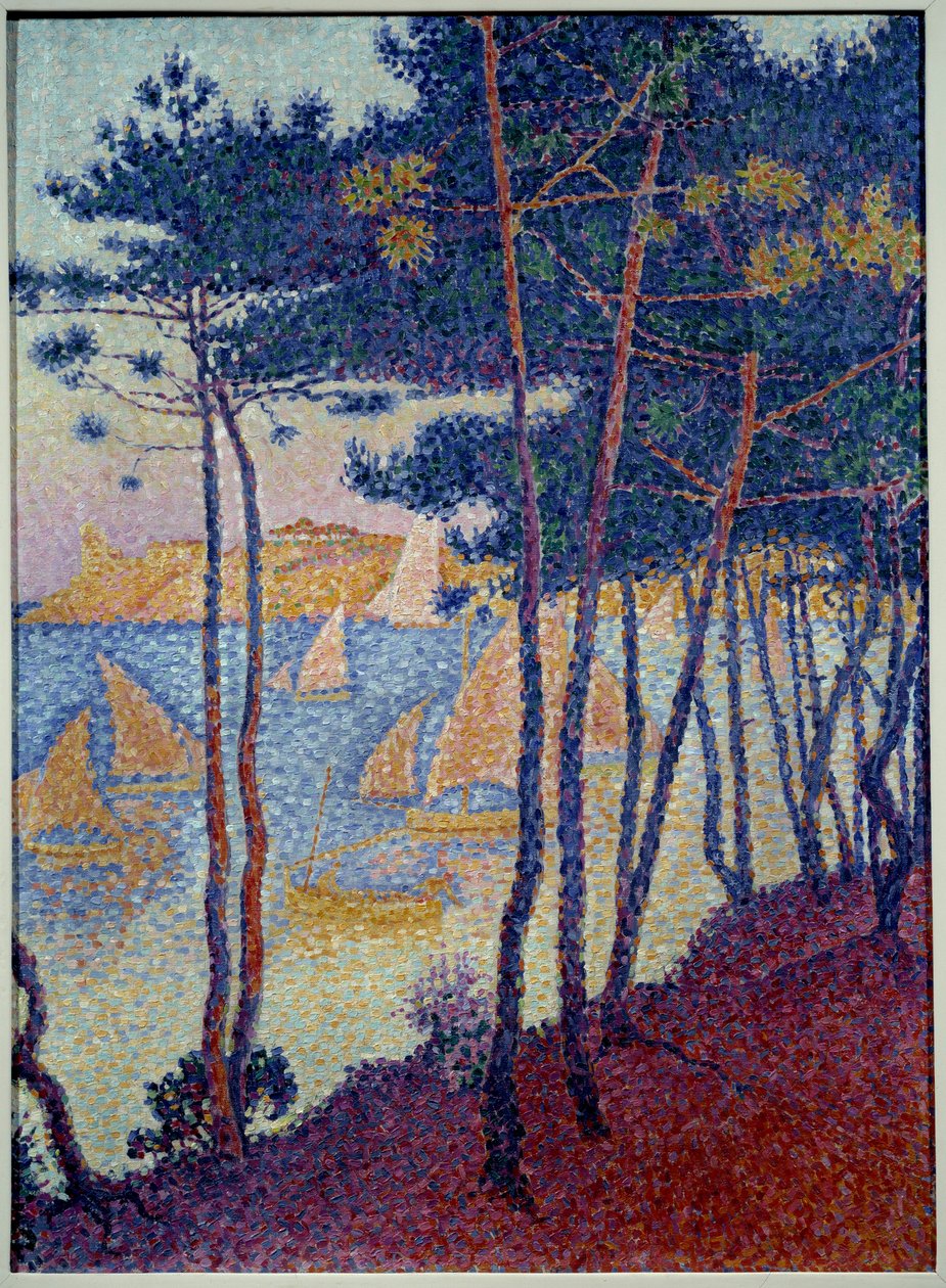 Paul Signac (1863-1935) vitorlák és fenyők festménye 1896 Magángyűjtemény alkotó: Paul Signac