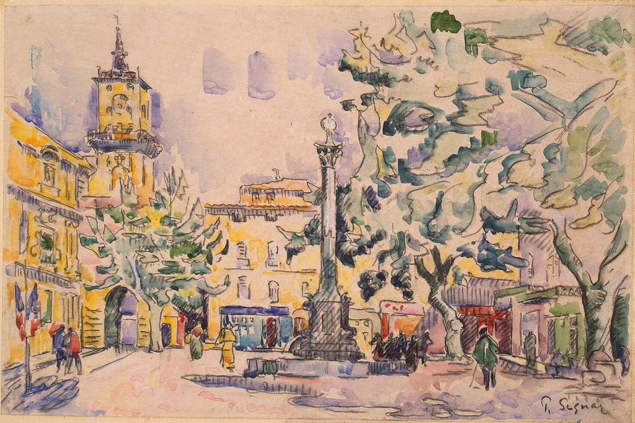 A Hotel de Ville tere Aix-en-Provence-ban (toll és tinta, akvarell és gouache papíron) alkotó: Paul Signac