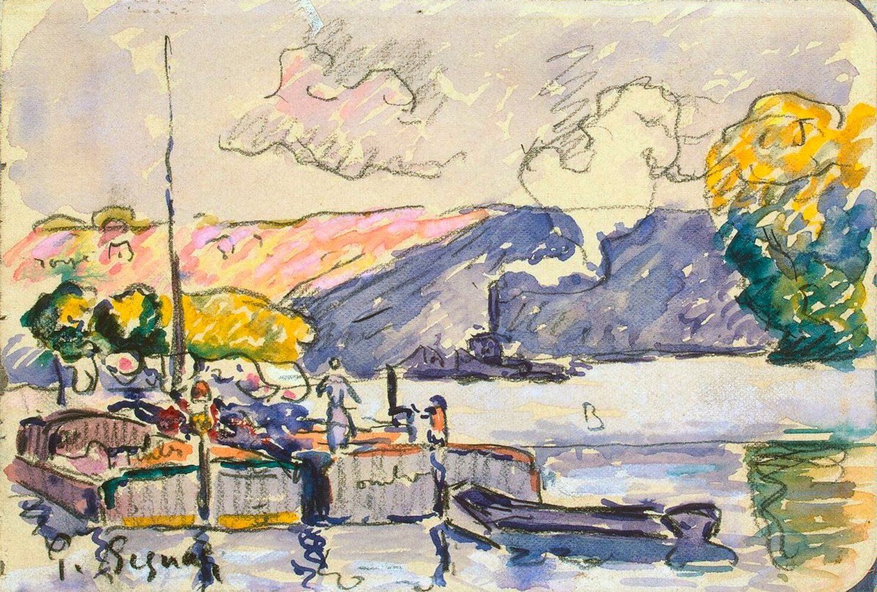 Két bárka, csónak és vontatóhajó Samoisban, 1900. alkotó: Paul Signac