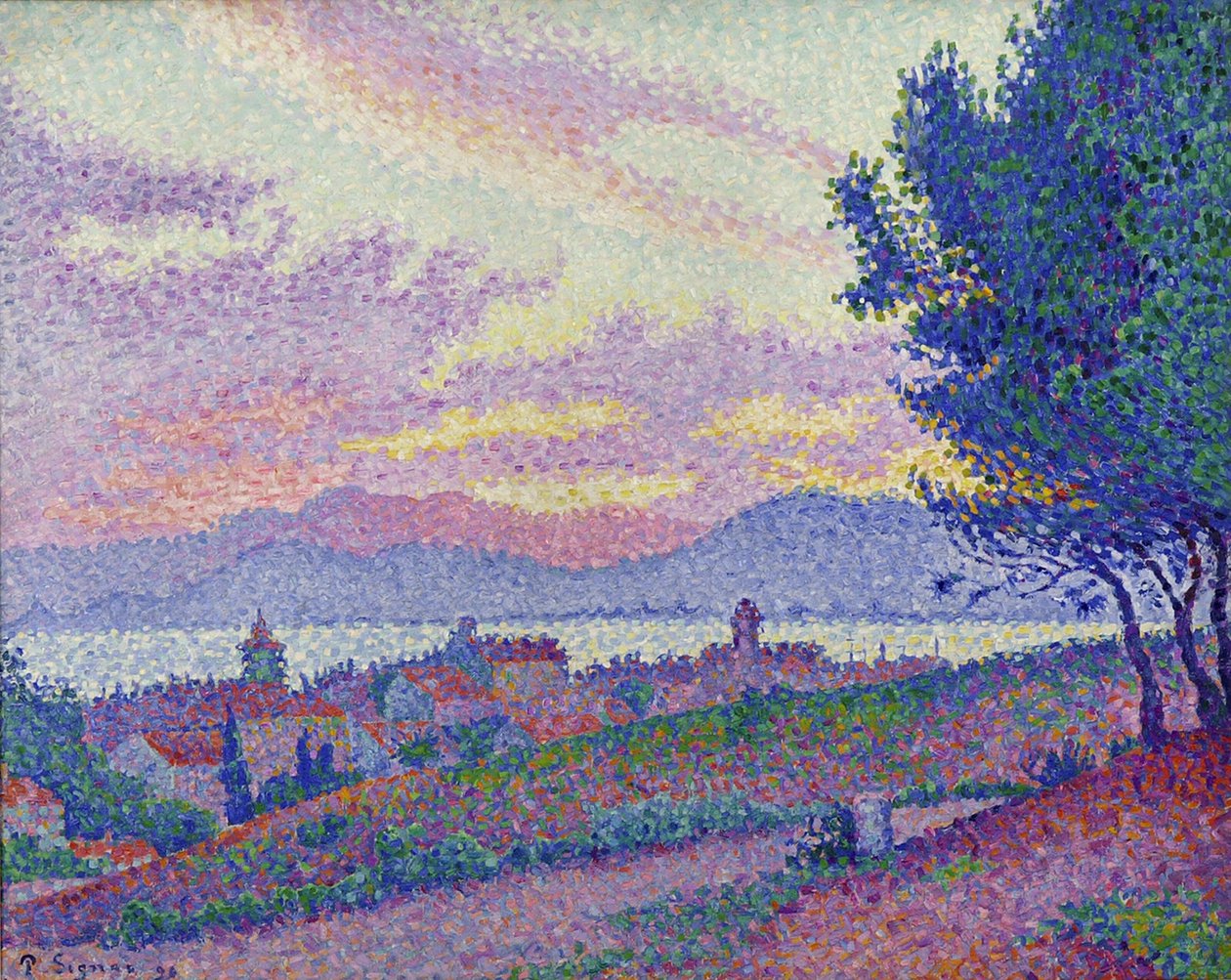 Kilátás Saint-Tropezre, naplemente fenyőerdő felett, 1896. alkotó: Paul Signac