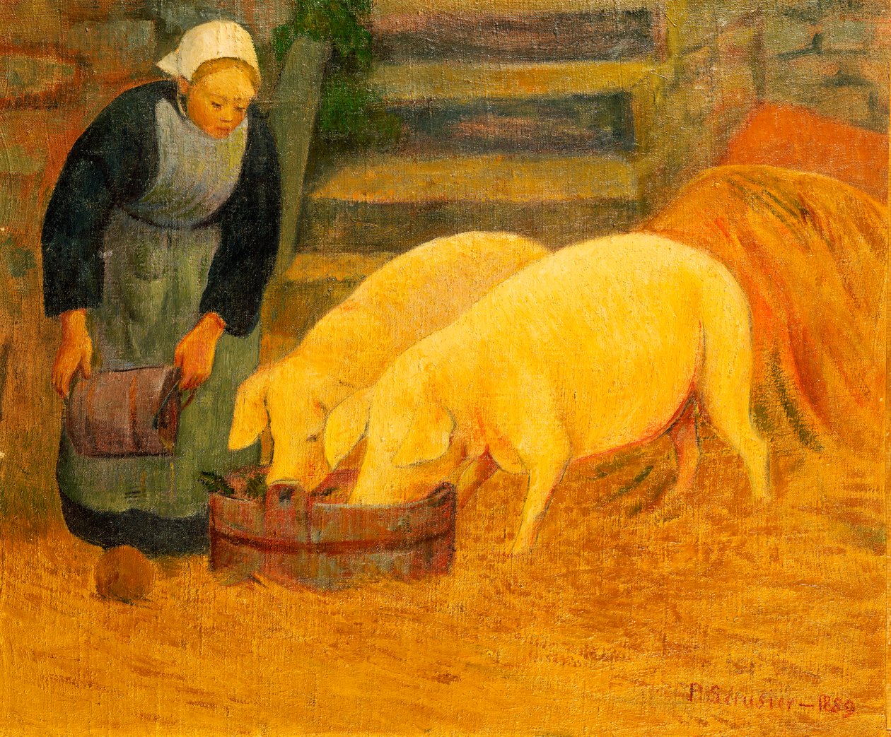 Egy fiatal lány, aki két disznót etet, 1889 alkotó: Paul Sérusier