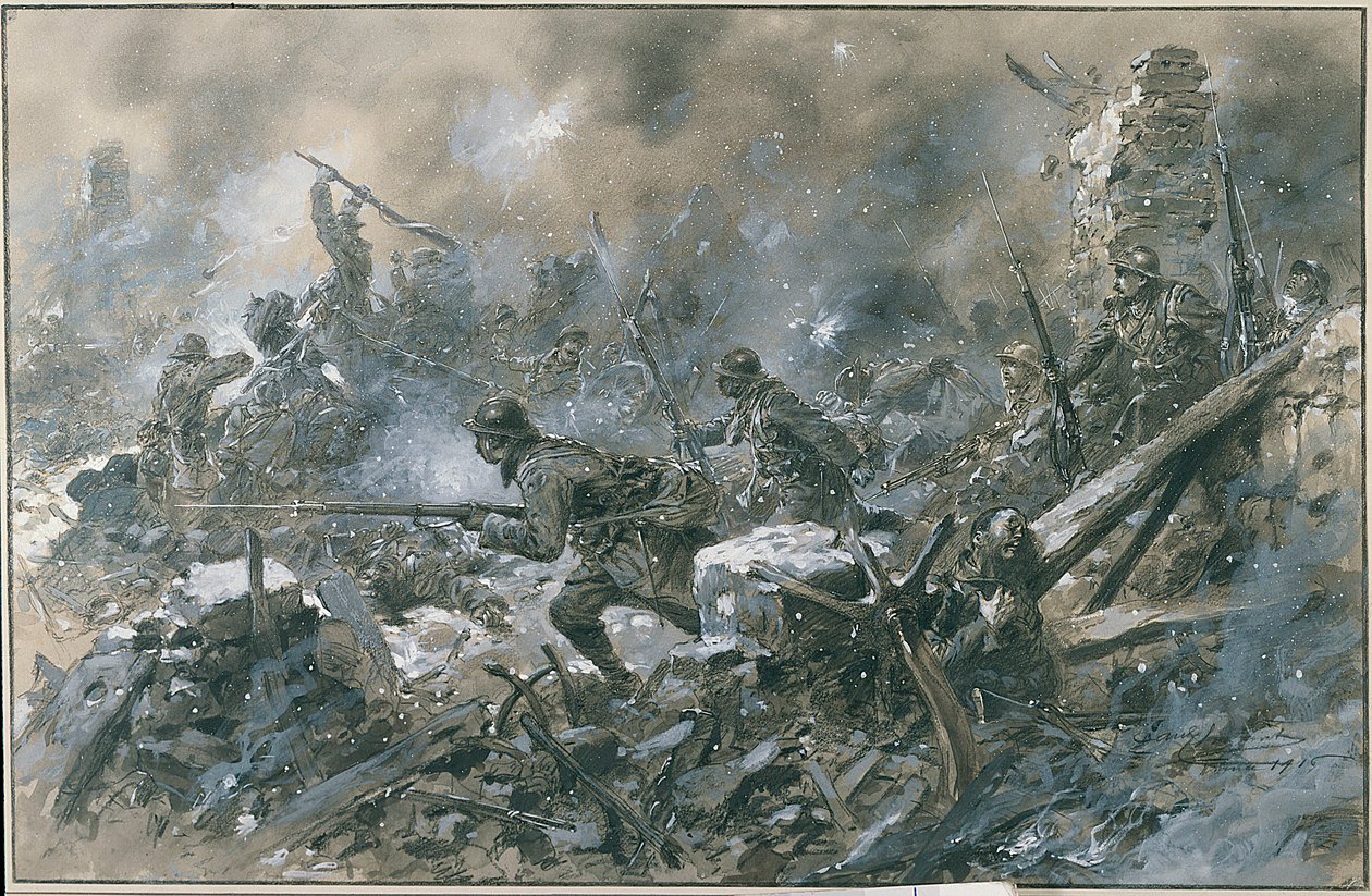 Első világháború (1914-1918): „” Ellentámadás 1916-ban Vaux faluban Verdun előtt””” Paul Thiriat Paris akvarellje. Musee, Des deux guerre mondiale DR – Francia ellentámadás a Verdun melletti Vaux falunál alkotó: Paul Thiriat