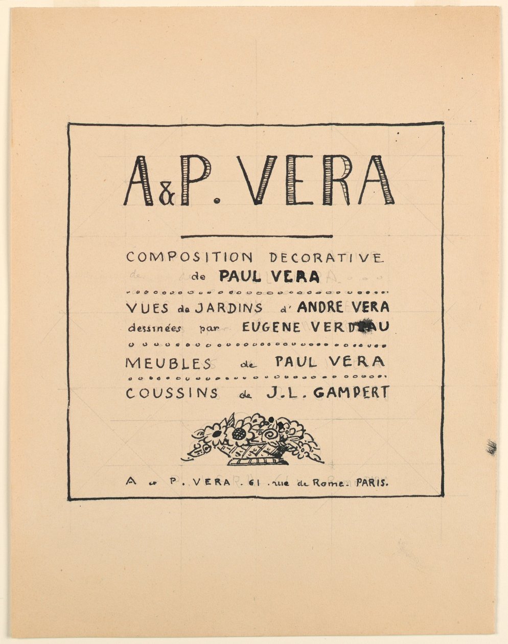 Rajz, címlap, A & P Vera, Paul Vera dekoratív kompozíciója / André Vera kertjei nézetei Eugène Verdeau rajzával / Paul Vera bútorzata / J. L. Gampert párnái, 1912–1919 alkotó: Paul Vera