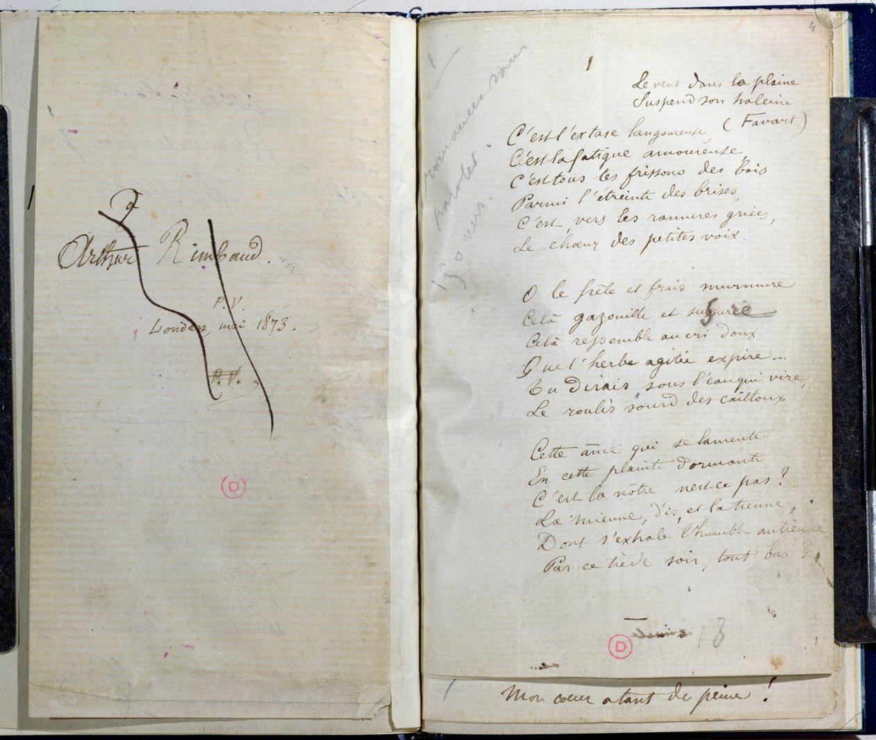 Kézzel írt oldalak a "Romances Sans Paroles"-ból, áthúzott dedikáció Arthur Rimbaud-nak, 1873 alkotó: Paul Verlaine