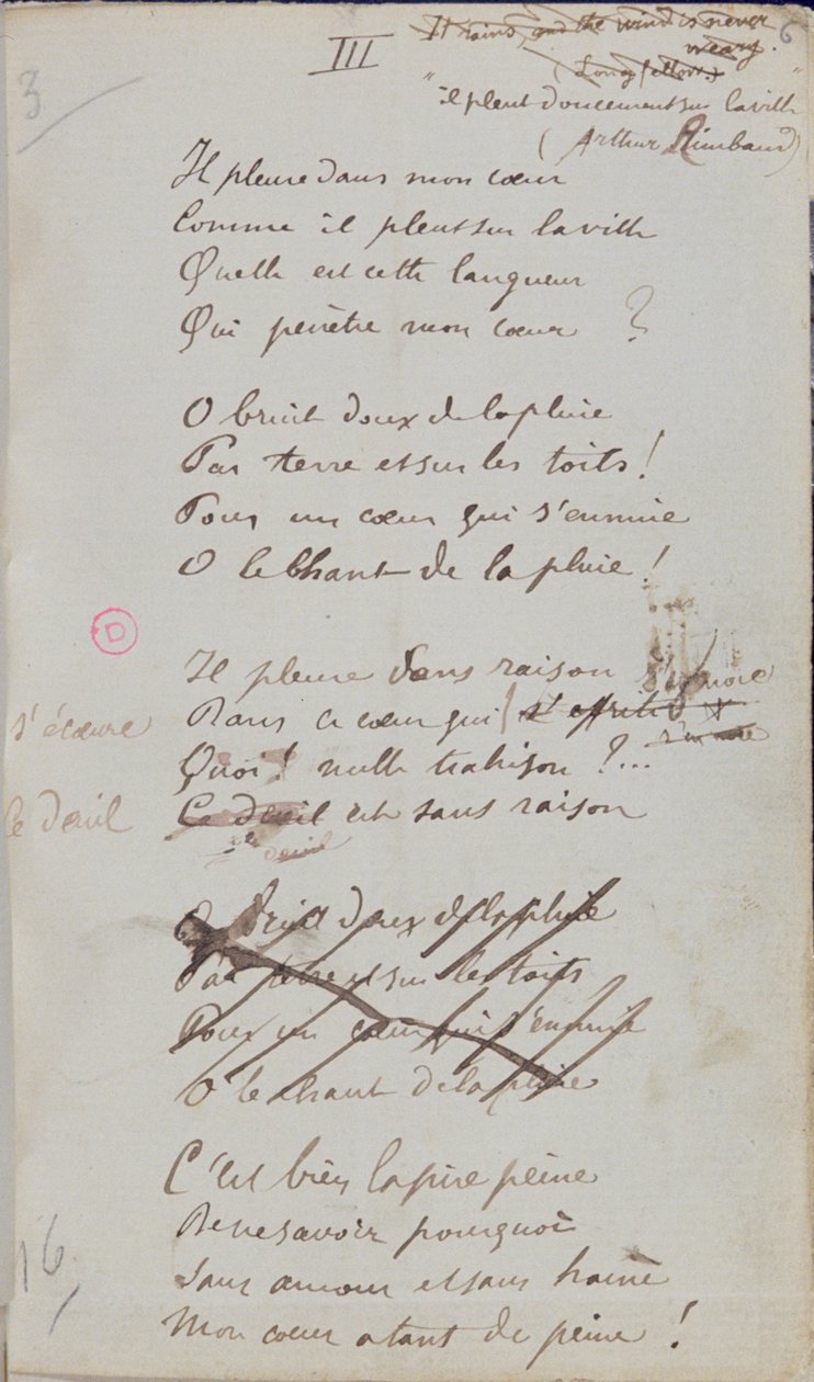 "Sír a szívemben, ahogy esik az eső a városra...", A "Romances Sans Paroles" kézzel írott verse, 1873 (toll és tinta papíron) alkotó: Paul Verlaine