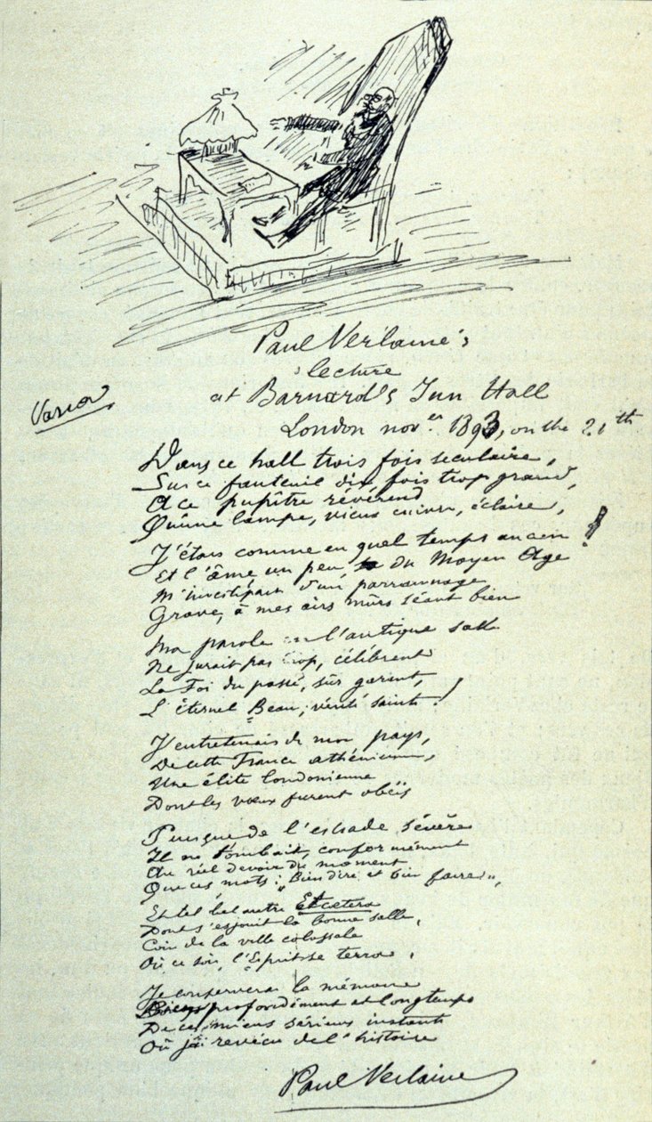 Paul Verlaine (1844-1896) francia költő verses jele a képviselő vázlatával felolvasás közben. 1893.11.21 alkotó: Paul Verlaine