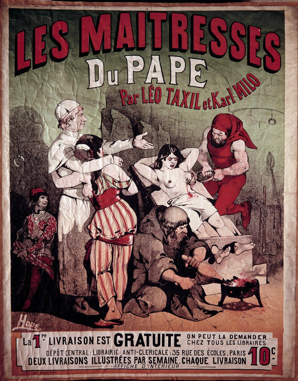 Leo Taxil (1854-1907) és Karl Milo 1884-es antiklerikális könyve „A pápa úrnője” posztere. Egy nőt ábrázolnak, akit megkínoznak a pilléren, a hóhér pedig átszúrja a mellét. Hode illusztrációja, 20. század. Magángyűjtemény alkotó: Paul Verlaine