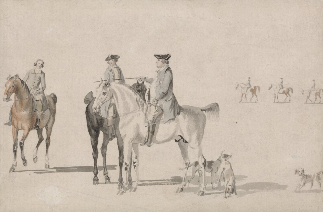 Cumberland hercege egy úriemberrel és egy vőlegénnyel, mind lovassal, és kutyákkal (ceruza és akvarell papíron) alkotó: Paul and Thomas  Sandby