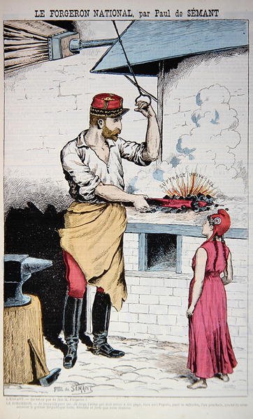 Boulanger tábornokot Marianne-nal ábrázoló illusztráció a "La Bombe"-ból, karikatúra az 1889-es francia választásokról, 1889. június 9. (színes litográfia). alkotó: Paul de Semant
