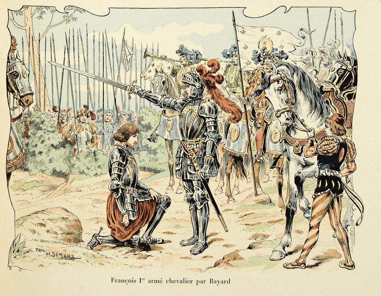 Az illusztráció Theodore Cahu „Histoire du chevalier Bayard” című könyvéből, Paul De Semant (1855-1915) illusztrálta: Francois 1, er arme chevalier par Bayard 1515 alkotó: Paul de Semant