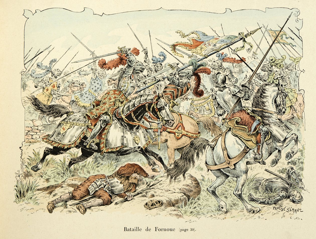 Illusztráció Theodore Cahu „Histoire du chevalier Bayard” című könyvéből, illusztrálta Paul De Semant (1855-1915): Fornoua csata 1495 alkotó: Paul de Semant