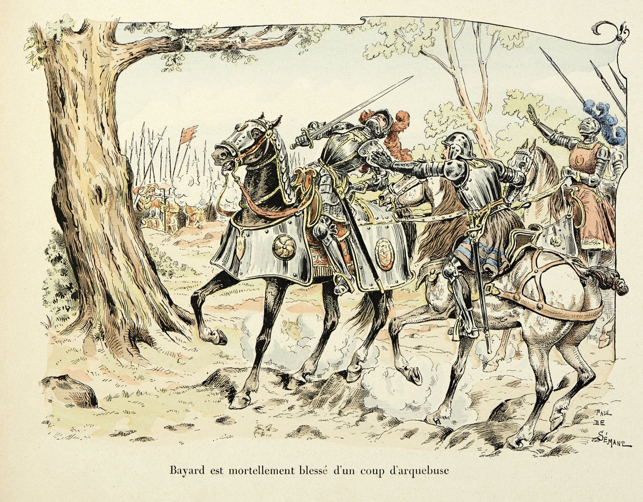 Illusztráció Theodore Cahu „Histoire du chevalier Bayard” című könyvéből, illusztrálta: Paul De Semant (1855-1915): Bayard halálosan megsebesíti az 1524-es arquebuse-lövést alkotó: Paul de Semant