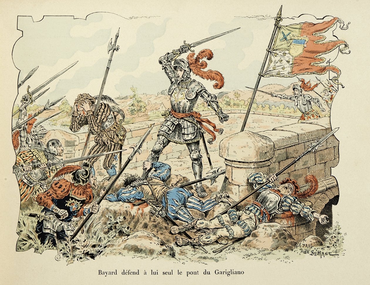 Illusztráció Theodore Cahu „Histoire du chevalier Bayard” című könyvéből, illusztrálta Paul De Semant (1855-1915): Bayard csak a Garigliano hidat védi 1504 alkotó: Paul de Semant