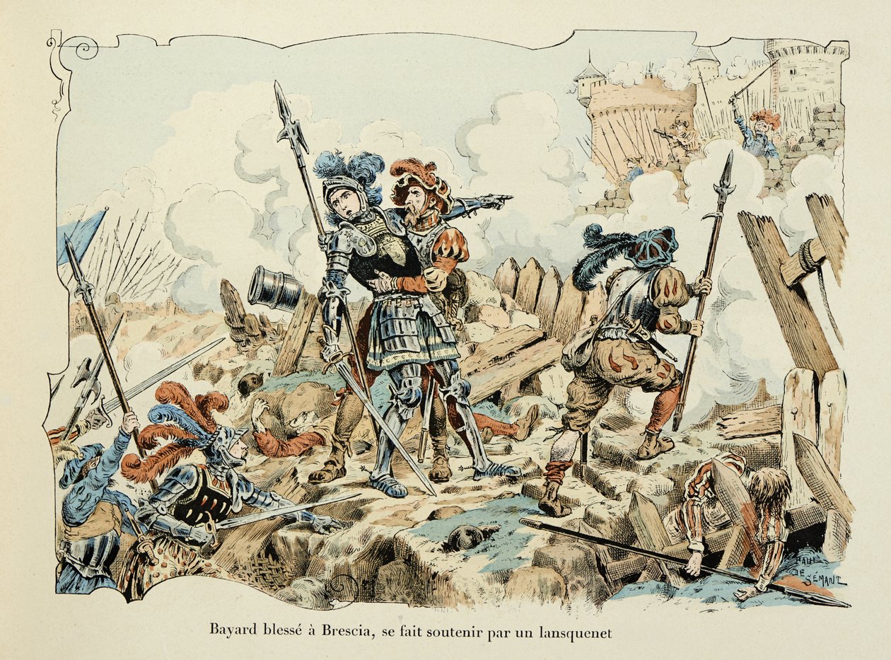 Illusztráció Theodore Cahu „Histoire du chevalier Bayard” című könyvéből, illusztrálta: Paul De Semant (1855-1915): Bayard megsebesíti a Bresciát egy lansquenet 1512-vel megtámasztva alkotó: Paul de Semant
