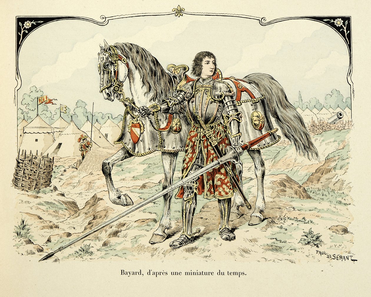 Illusztráció Theodore Cahu „Histoire du chevalier Bayard” című könyvéből, illusztrálta Paul De Semant (1855-1915): Bayard portréja a korszak miniatúrája után alkotó: Paul de Semant