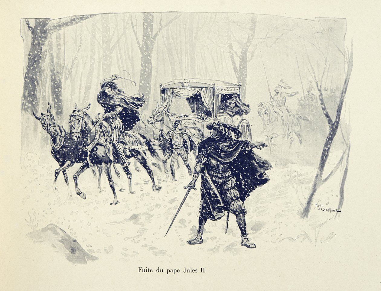 Illusztráció Theodore Cahu „Histoire du chevalier Bayard” című könyvéből, illusztrálta Paul De Semant (1855-1915): II. Julius pápa repülése alkotó: Paul de Semant