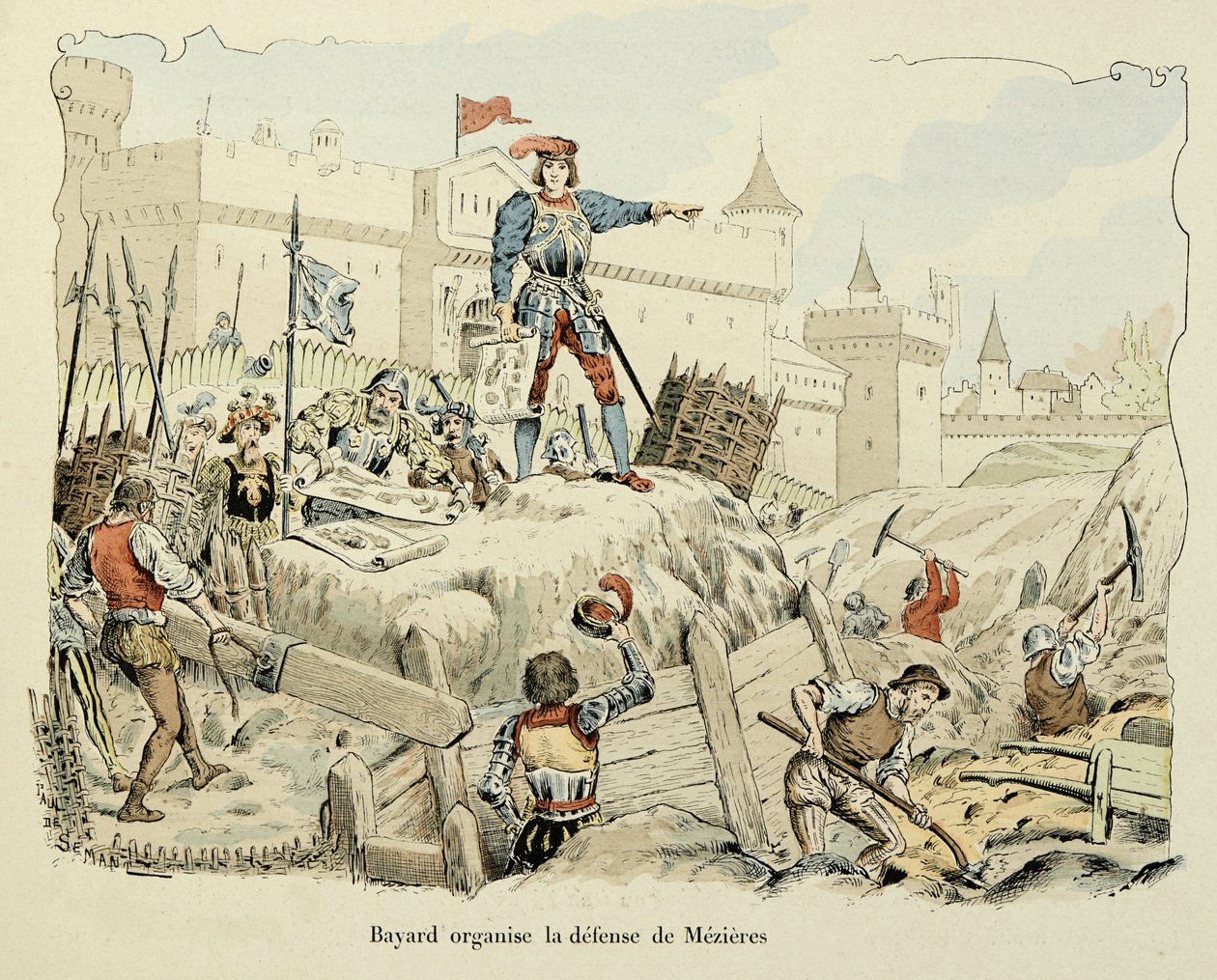 Illusztráció Theodore Cahu „Histoire du chevalier Bayard” című könyvéből, illusztrálta Paul De Semant (1855-1915): Bayard megszervezi Mezieres védelmét 1521 alkotó: Paul de Semant