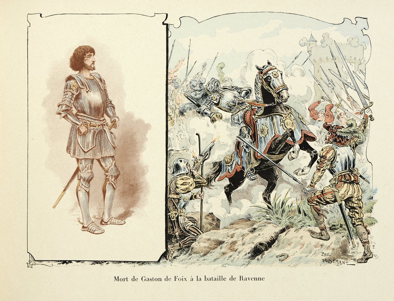 Illusztráció Theodore Cahu „Histoire du chevalier Bayard” című könyvéből, illusztrálta Paul De Semant (1855-1915): Gaston de Foix (1489-1512) halála a ravennai csatában alkotó: Paul de Semant