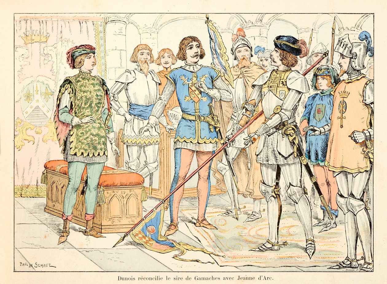 Illusztráció Theodore Cahu „” Joan of Arc „” című könyvéből, amelyet Paul De Semant (1855-1915) illusztrált: Dunois kibékítette Gamaches apját Joan of Arc-cal alkotó: Paul de Semant