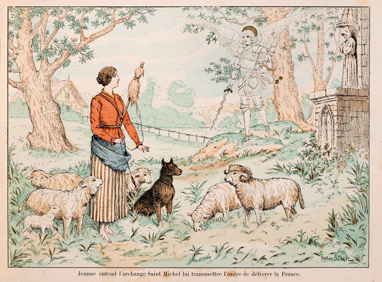 Illusztráció Theodore Cahu „Janna of Arc” című könyvéből, és Paul De Semant (1855-1915) illusztrálta: Jeanne of Arc hallja, hogy Szent Mihály arkangyal átadja a parancsot Franciaország felszabadítására alkotó: Paul de Semant