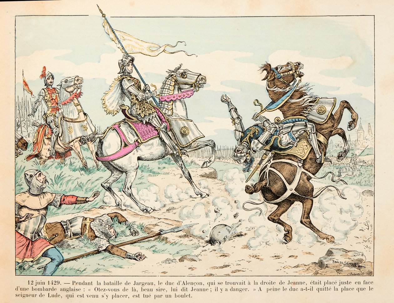 Illusztráció Theodore Cahu „Janna of Arc” című könyvéből, Paul De Semant (1855-1915) illusztrálta: 1429. június 12. Lude ura labdával öl a jargeau-i csata során Joan of Arc előtt alkotó: Paul de Semant