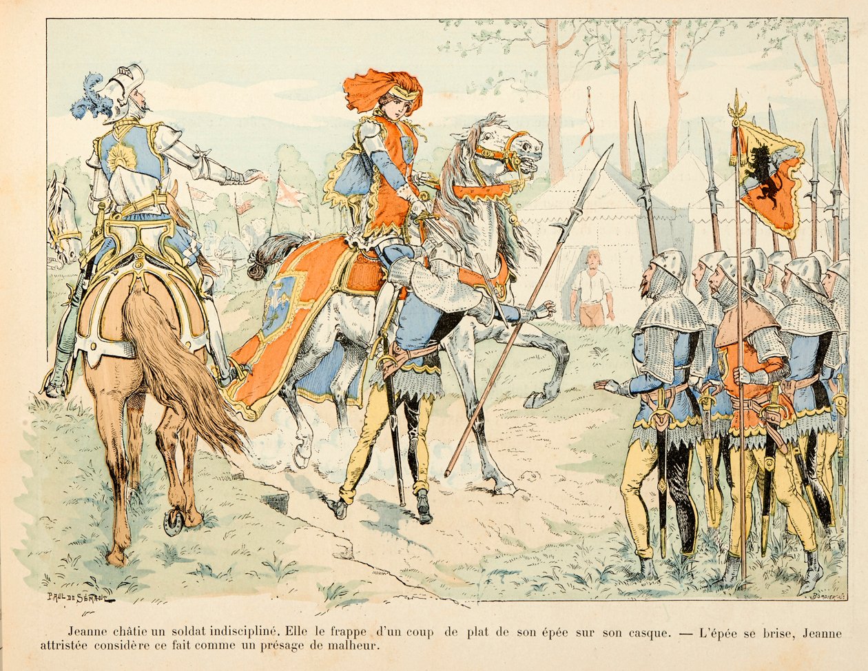 Illusztráció: Theodore Cahu „Janna of Arc” című könyvéből, Paul De Semant (1855-1915) illusztrálta: Joan of Arc fegyelmezetlen katonával beszélget alkotó: Paul de Semant