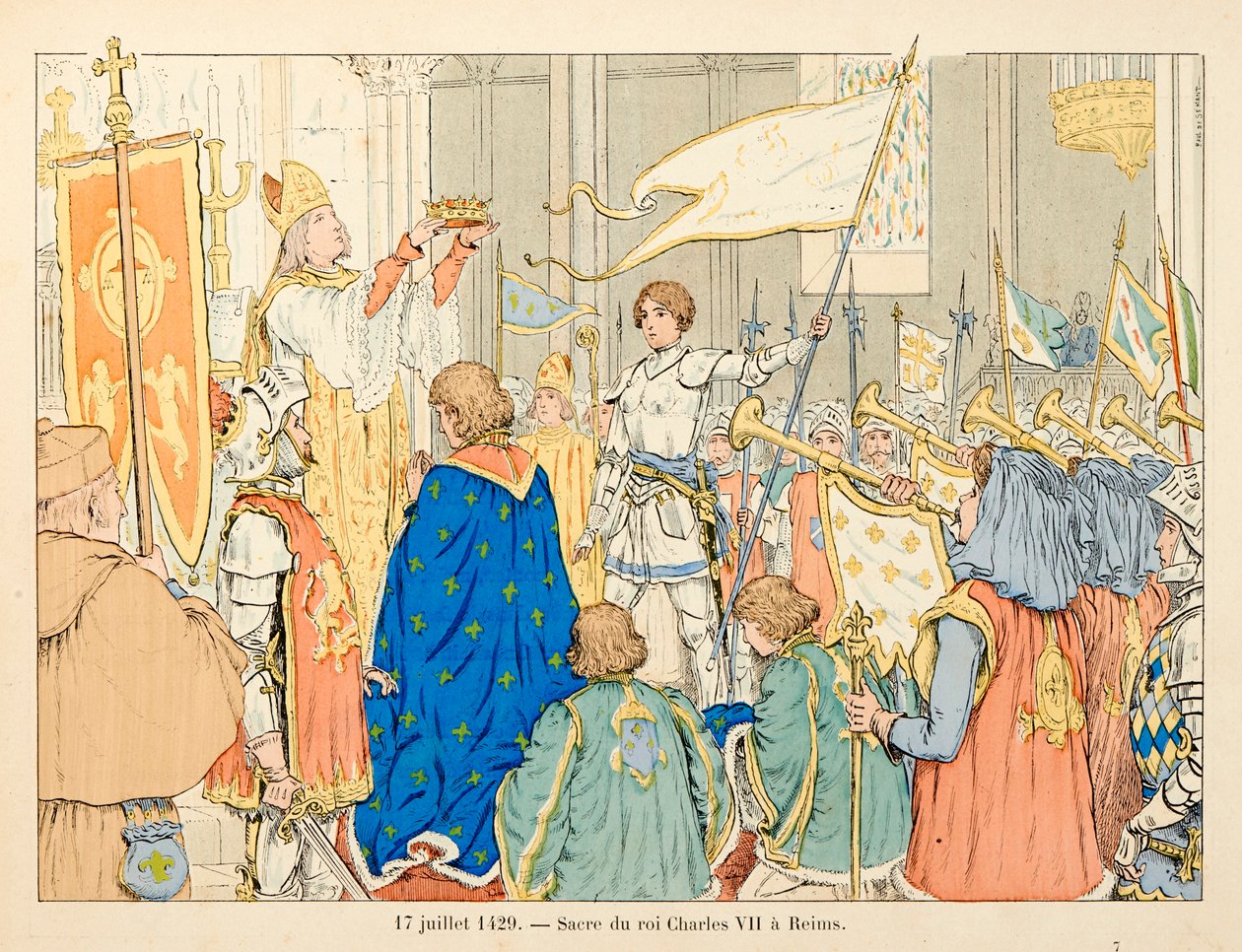 Illusztráció Theodore Cahu „Janna of Arc” című könyvéből és Paul De Semant (1855-1915) illusztrálásával: VII. Károly király szentsége Reimsben július 17-én alkotó: Paul de Semant