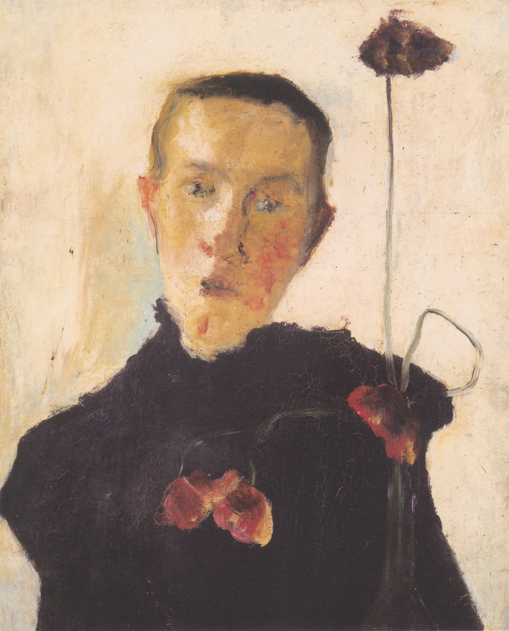 Fél hosszú portré egy nő pipacsokkal alkotó: Paula Modersohn Becker