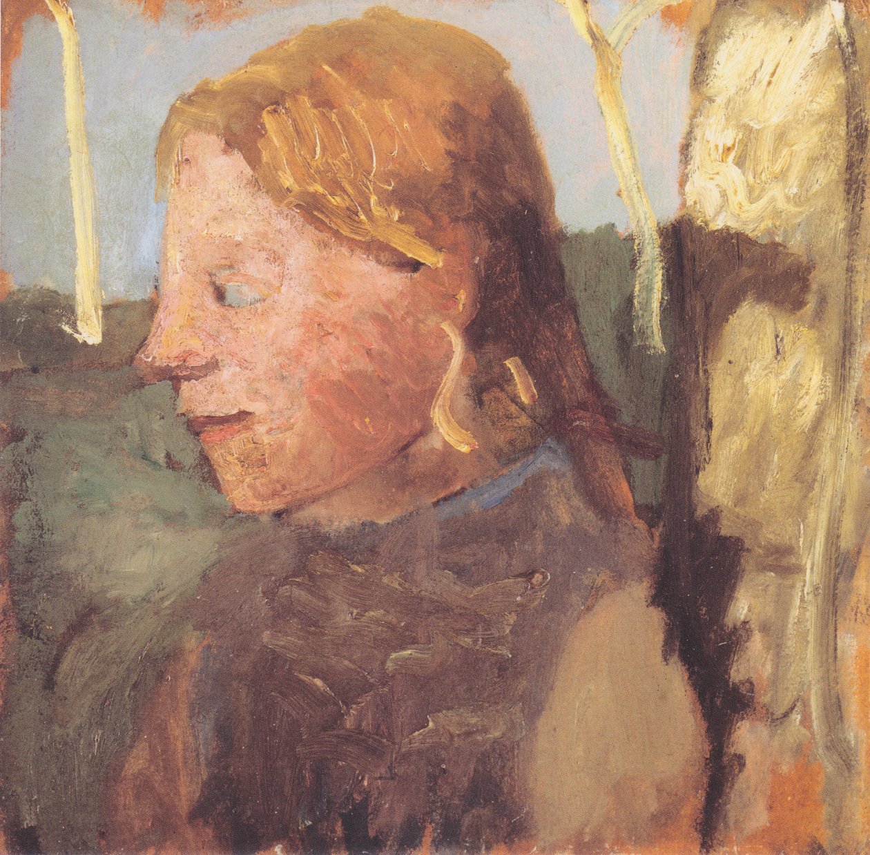 Félhosszú portré egy lányról profilban egy nyírfa törzs mellett alkotó: Paula Modersohn Becker