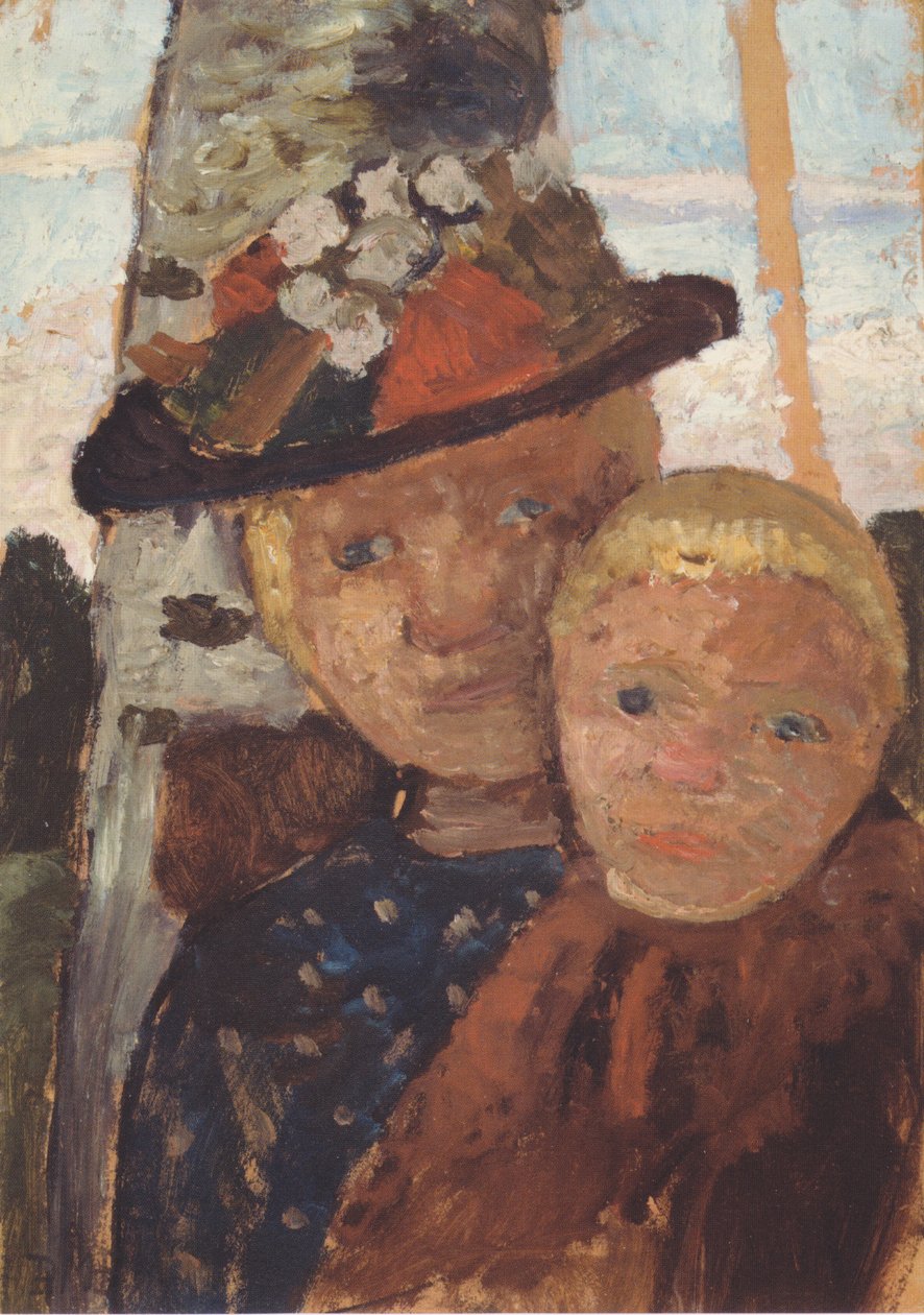 Félhosszú portré egy virágos kalapos lányról és egy fiúról alkotó: Paula Modersohn Becker