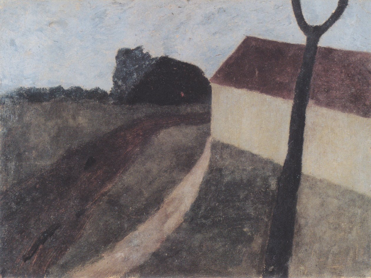 Alkonyati táj, ház és ágvilla alkotó: Paula Modersohn Becker