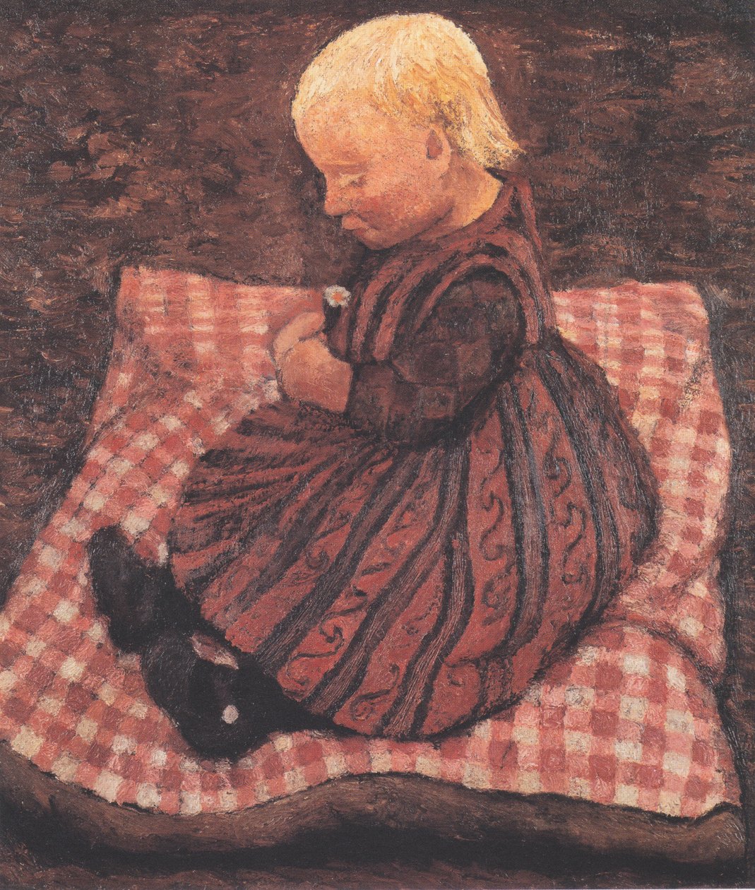 Gyermek piros kockára vágott párnán alkotó: Paula Modersohn Becker
