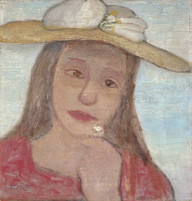 Egy fiatal lány feje, szalmakalapkal és virággal a felemelt kezében alkotó: Paula Modersohn Becker