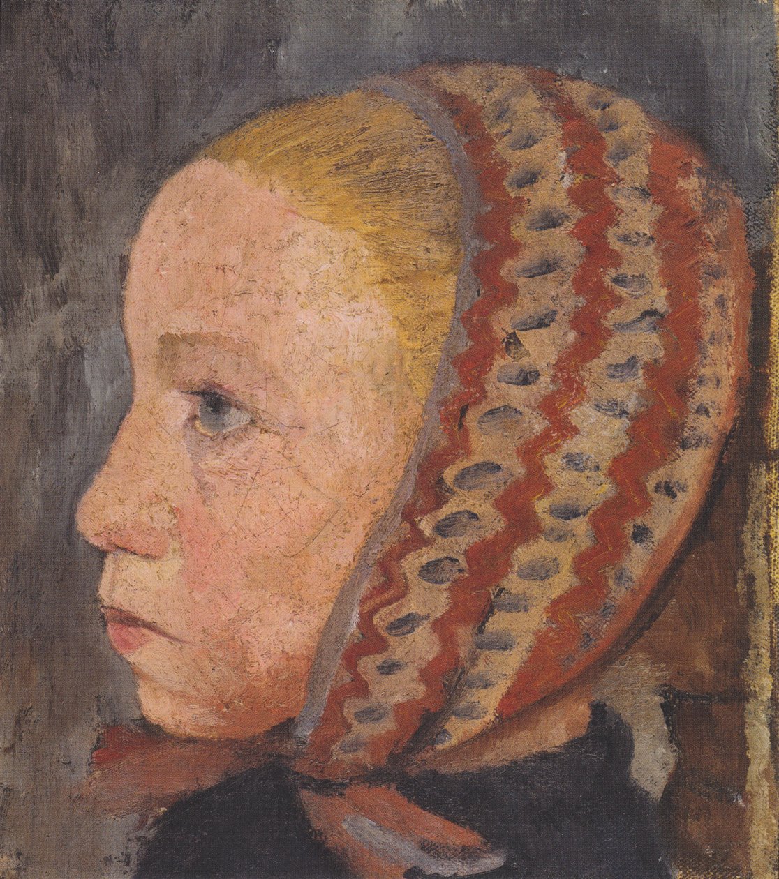 Lány feje balra csíkos sapkával a profilban alkotó: Paula Modersohn Becker