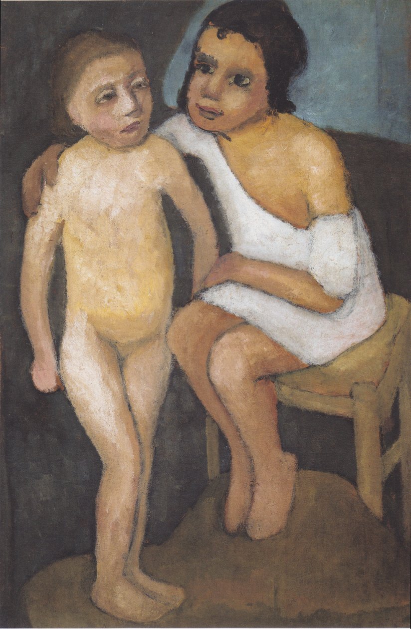 Ülő lány fehér ingben és álló lány meztelenül alkotó: Paula Modersohn Becker