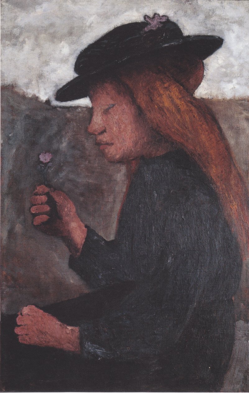 Ülő lány, fekete kalap és virág a jobb kezében alkotó: Paula Modersohn Becker