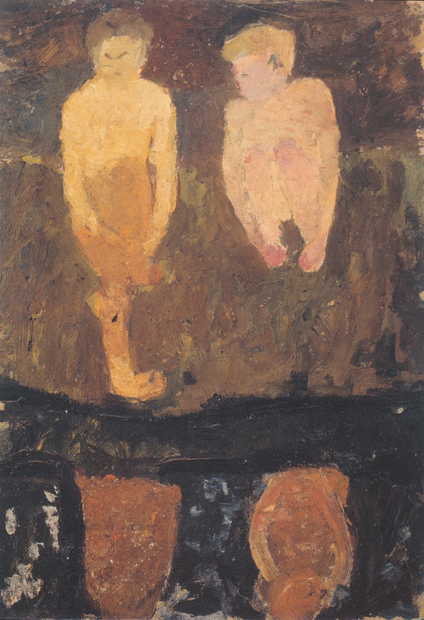 Két meztelen fiú guggol a parton II alkotó: Paula Modersohn Becker